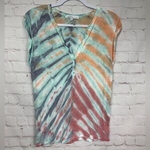 Young Fabulous Broke Womens Linen T-shirt Sz‎ XS Henley Cap sleeve Tie Dye